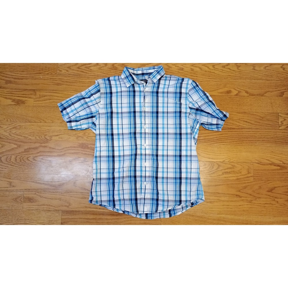 Claiborne Mens Plaid Short Sleeve Button Down Shirt‎ Blue White Size L